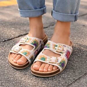 Dirty Laundry Crochet Strap Slide Sandals Boho Festival Comfort Buckle Slides